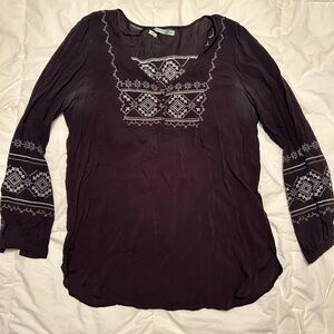 Maurices Dark Blouse with White Embroidery